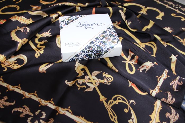 Georgian alphabet satin silk scarf in gold by Mandili — view 2