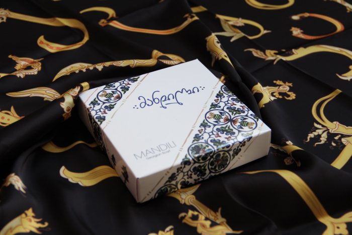 Georgian alphabet satin silk scarf in gold by Mandili — view 3