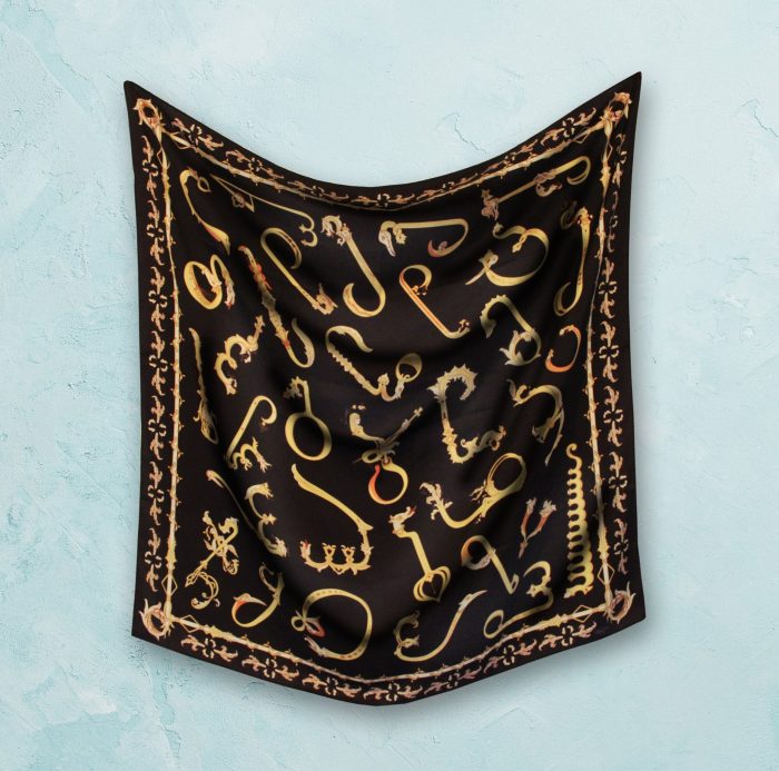 Georgian alphabet satin silk scarf in gold by Mandili