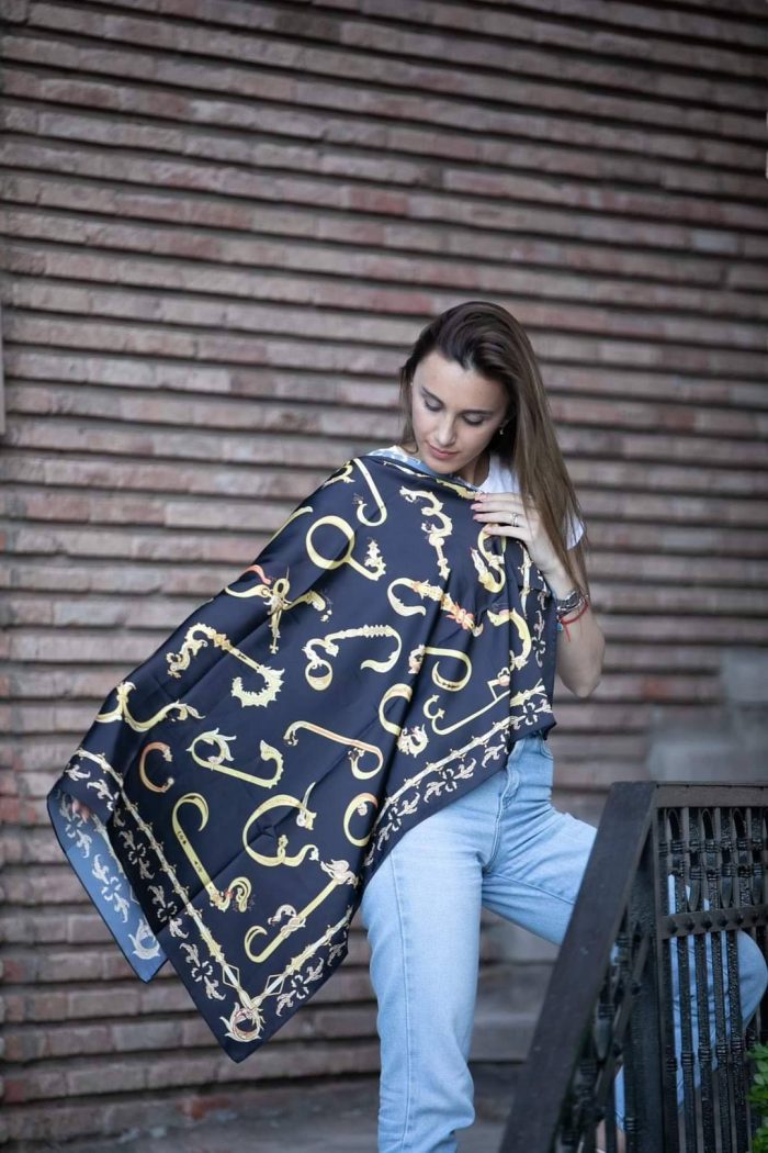 Georgian alphabet satin silk scarf in gold by Mandili — view 4