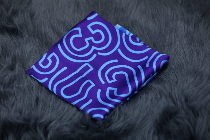 Square Georgian alphabet satin silk scarf laid flat