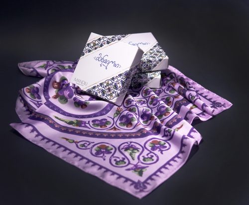 Ornate floral satin silk scarf by Mandili — view 4