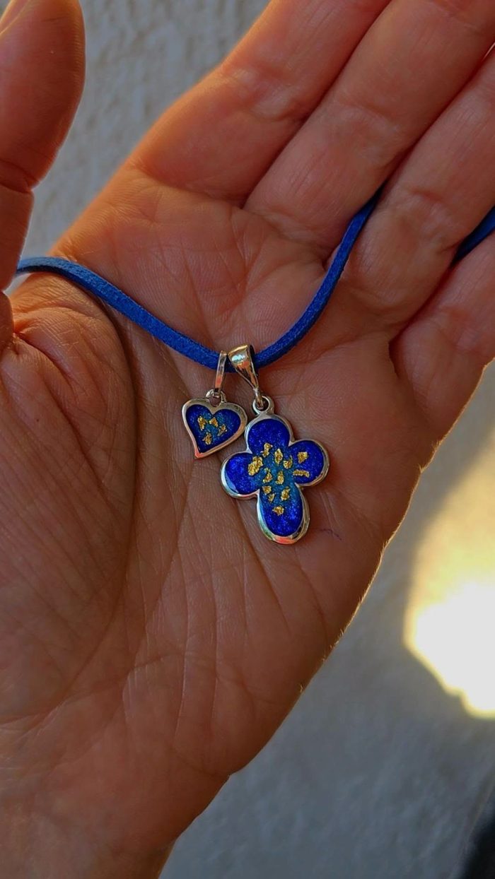 Handmade Georgian enamel cross and heart double pendant in sterling silver