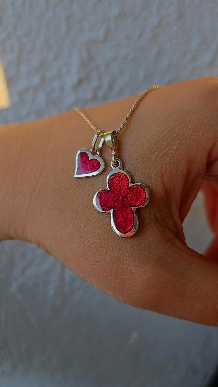 Handmade Georgian cloisonné enamel cross necklace in sterling silver