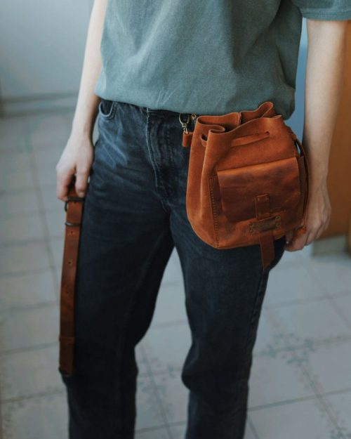 Handmade crescent moon half-moon suede and leather bag