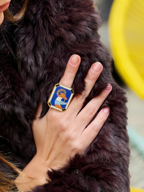 Handmade Aries zodiac ring in gold-plated enamel