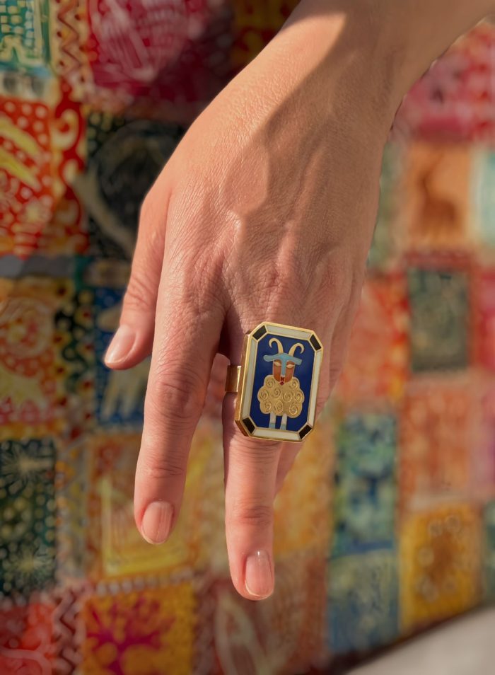 Handmade Capricorn zodiac ring in gold-plated enamel