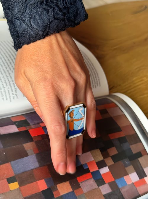 Handmade Sagittarius zodiac ring in gold-plated enamel